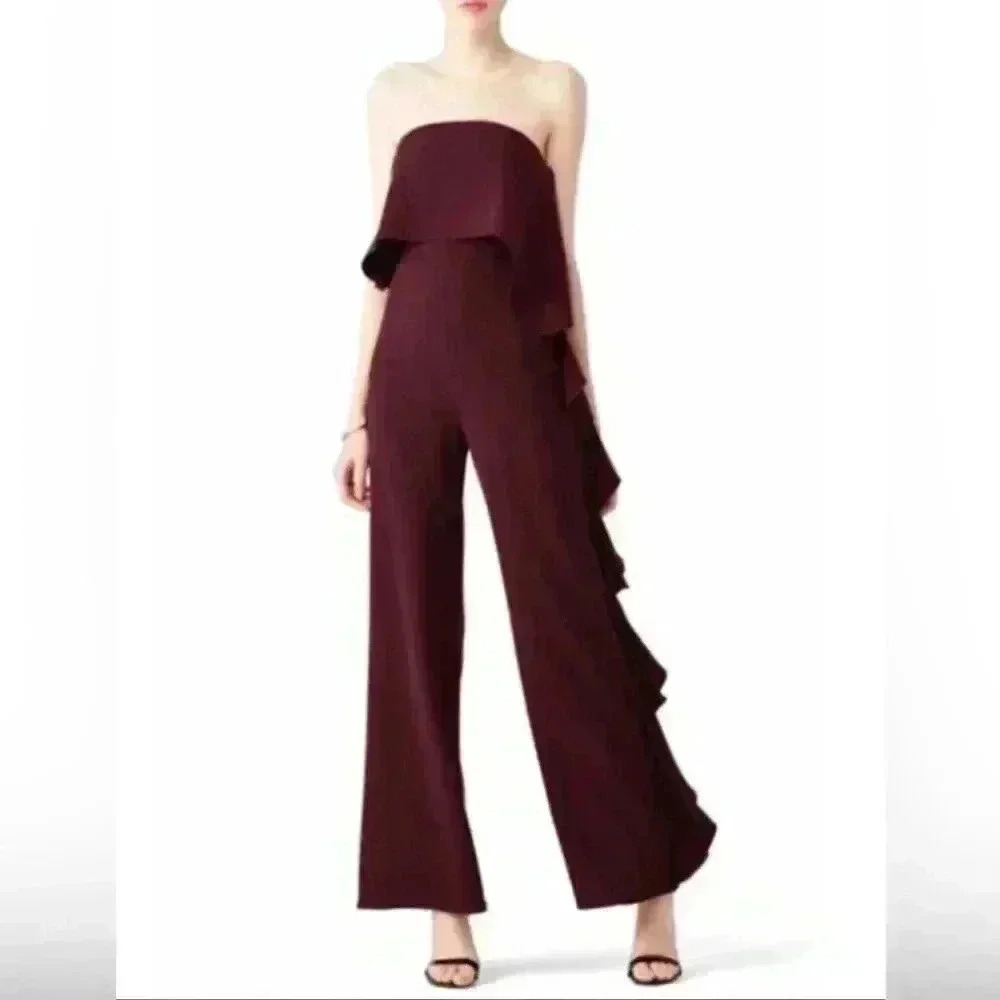 Alexis Kendall Ruffle Strapless Jumpsuit Wide Leg Plum Burgundy One Piece Size L